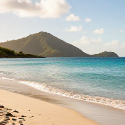 Caribbean Holidays, November Nature, A quiet tropical beach in the United States Virgin Islands in November, with clear turquoise water, green hills and soft morning light