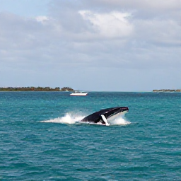 Caribbean Holidays, November Nature Holidays, A humpback whale surfacing beside a small boat off the Turks and Caicos Islands, with calm November sea and distant islands