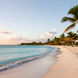 Caribbean Holidays, November Nature Holidays, A quiet tropical beach on Saint Martin in November, clear turquoise water, pale sand, palm trees and soft morning light