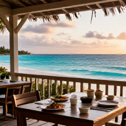 Caribbean Holidays, November Nature Holidays, A relaxed outdoor restaurant overlooking a turquoise Turks and Caicos beach at sunset in November, with fresh local food and gentle evening light