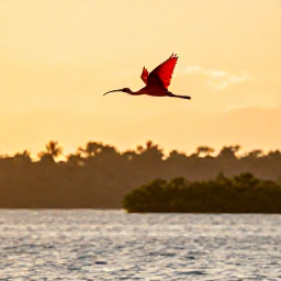 Caribbean Holidays, November Nature Holidays, Colourful scarlet ibis flying over mangrove wetlands at sunset in Trinidad, with calm water and distant forest
