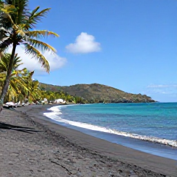 Caribbean Holidays, November Nature Holidays, Dark volcanic sand beach and turquoise sea beneath palm trees on Saint Vincent, with low hills in the background