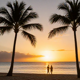 Caribbean Holidays, November Nature Holidays, Golden sunset over a peaceful Saint Martin beach, with palm silhouettes, calm sea and a couple walking along the shoreline