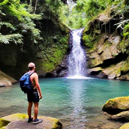 Caribbean Holidays, November Nature Holidays, Hiker on a forest trail in Tobago near a waterfall, surrounded by dense tropical vegetation and clear shallow water