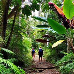 Caribbean Holidays, November Nature Holidays, Hikers walking through dense rainforest on the Vermont Nature Trail in Saint Vincent, surrounded by tropical trees and birds