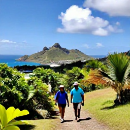 Caribbean Holidays, November Nature Holidays, Hikers walking through lush tropical vegetation on Saint Martin, with rocky hills, sea views and a bright blue Caribbean sky