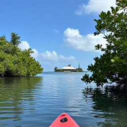 Caribbean Holidays, November Nature Holidays, Kayak on calm Caribbean water beside mangroves on Saint Martin, with a small tropical island in the background