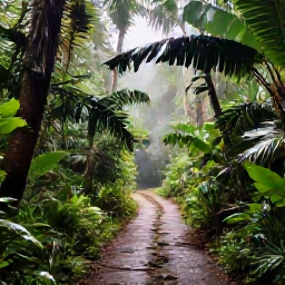 Caribbean Holidays, November Nature Holidays, Lush Trinidad rainforest after light rain in November, with a narrow trail, tropical foliage and soft morning light