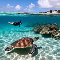 Caribbean Holidays, November Nature Holidays, Sea turtles swimming in clear shallow water beside a snorkeller near a coral reef off Saint Martin