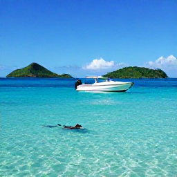 Caribbean Holidays, November Nature Holidays, Small boat anchored in a calm turquoise bay in the Grenadines, with green islands and a snorkeller in clear water