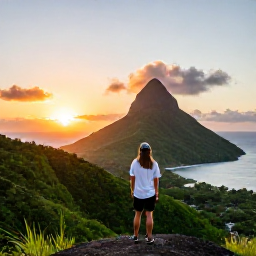 Caribbean Holidays, November Nature Holidays, Traveller enjoying a quiet sunset viewpoint over green Caribbean hills and the sea on Saint Vincent