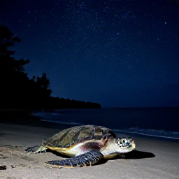 Caribbean Holidays, November Nature Holidays, Turtle nesting beach in Tobago at night, with a green sea turtle near the shoreline under a starlit sky