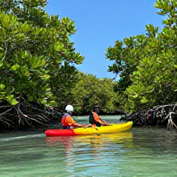 Caribbean Holidays, November Nature Holidays, Visitors kayaking through calm mangrove channels in the Turks and Caicos Islands, surrounded by clear water, green mangrove roots and bright November sky