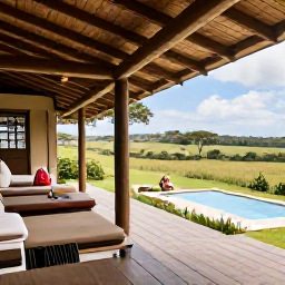 Caribbean Holidays, November Safaris, Comfortable safari lodge overlooking green African plains with guests relaxing on a shaded veranda