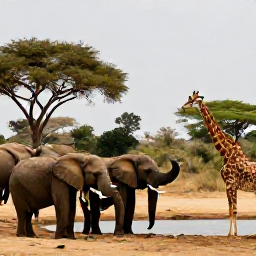 Caribbean Holidays, November Safaris, Elephants and giraffes gathered beside a waterhole in an African national park beneath soft November skies