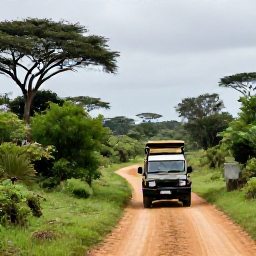 Caribbean Holidays, November Safaris, Open safari vehicle travelling along a golden track through green African bushland after a light rain shower