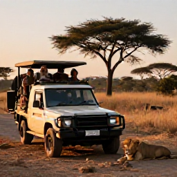 Caribbean Holidays, November Safaris, Small group of travellers watching a lion from an open-sided safari vehicle at sunrise in an African reserve
