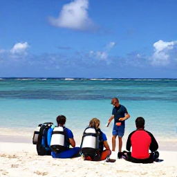 Caribbean Holidays, November Scuba Diving, Friendly Barbados dive instructor preparing scuba equipment with holidaymakers beside a tropical beach and calm sea