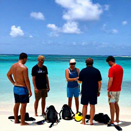 Caribbean Holidays, November Scuba Diving, Friendly scuba diving instructor preparing equipment with holidaymakers on a beach in St Croix