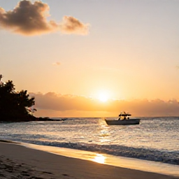 Caribbean Holidays, November Scuba Diving, Golden sunset over a Caribbean beach with a diver's boat offshore on St John