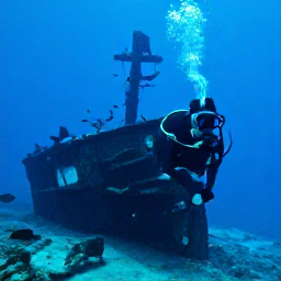 Caribbean Holidays, November Scuba Diving, Scuba diver examining a historic shipwreck on the seabed off Barbados, surrounded by fish and blue water