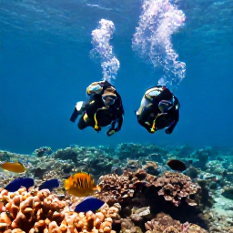 Caribbean Holidays, November Scuba Diving, Scuba divers swimming above a shallow coral reef with tropical fish in the clear Caribbean Sea near Barbados