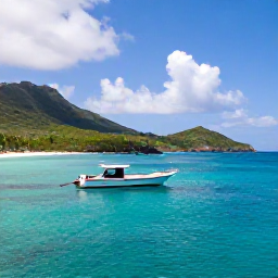 Caribbean Holidays, November Scuba Diving, Small dive boat anchored in a calm turquoise bay beside the green hills and beaches of Saint Barth&eacute;lemy