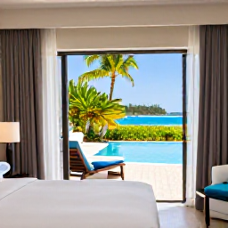 Caribbean Holidays, November Solo Holidays, Comfortable boutique hotel room opening onto a tropical pool and palm garden in Providenciales, Turks and Caicos Islands