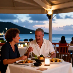 Caribbean Holidays, November Solo Holidays, Friendly open-air Caribbean restaurant at dusk, solo diner enjoying local food in the United States Virgin Islands