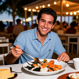 Caribbean Holidays, November Solo Holidays, Friendly solo traveller enjoying fresh seafood at an outdoor restaurant in Grace Bay, Providenciales, Turks and Caicos Islands, with relaxed evening atmosphere