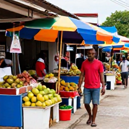 Caribbean Holidays, November Solo Holidays, Friendly solo traveller walking through a colourful Trinidad market in November, local fruit stalls, spices and lively Caribbean atmosphere