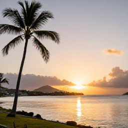 Caribbean Holidays, November Solo Holidays, Golden sunset over a calm Caribbean bay in the United States Virgin Islands, November evening with palm trees