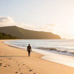 Caribbean Holidays, November Solo Holidays, Lone traveller walking along a quiet golden beach on Saint Kitts at sunrise, calm Caribbean Sea and green hills in the distance