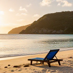 Caribbean Holidays, November Solo Holidays, Peaceful British Virgin Islands beach at golden hour in November, lone sun lounger, calm turquoise water and lush hills