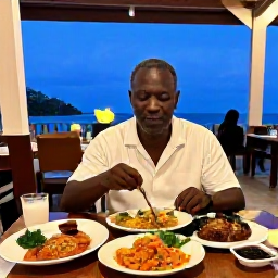 Caribbean Holidays, November Solo Holidays, Relaxed solo traveller enjoying dinner at a welcoming Caribbean restaurant in Tobago, colourful local dishes and warm evening lighting