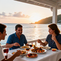 Caribbean Holidays, November Solo Holidays, Solo diner enjoying fresh Caribbean seafood at a relaxed waterfront restaurant in the British Virgin Islands at sunset