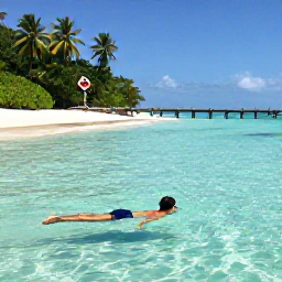 Caribbean Holidays, November Solo Holidays, Solo traveller swimming in clear water at Pigeon Point Tobago, white sand beach, wooden jetty and coconut palms
