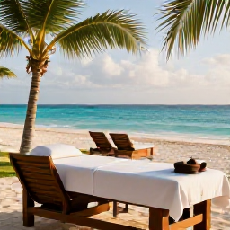 Caribbean Holidays, November Spa Breaks, A serene luxury spa overlooking a turquoise Bahamian beach in November, with treatment beds, palms and gentle afternoon sunlight