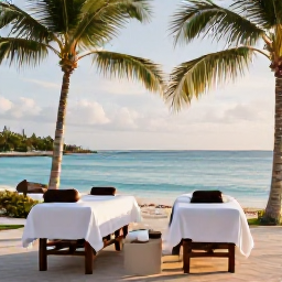 Caribbean Holidays, November Spa Breaks, A tranquil beachfront spa in Turks and Caicos with treatment rooms, palm trees and calm turquoise sea in warm November sunshine