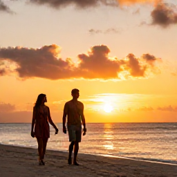 Caribbean Holidays, November Spa Breaks, Couple enjoying a peaceful sunset walk beside the sea in Tobago after a day at a spa resort