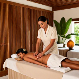 Caribbean Holidays, November Spa Breaks, Couple receiving a relaxing massage in an elegant Bahamian spa, with natural wood, tropical plants and soft neutral colours