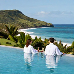 Caribbean Holidays, November Spa Breaks, Couple relaxing beside an infinity pool overlooking Jamaica&rsquo;s tropical coastline, with spa robes, drinks and lush green hills
