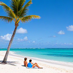 Caribbean Holidays, November Spa Breaks, Couple relaxing on a quiet white sandy beach in Punta Cana, turquoise Caribbean water and swaying palm trees