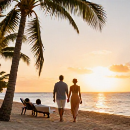 Caribbean Holidays, November Spa Breaks, Couple walking along a palm-fringed Caribbean beach at sunset after a relaxing spa day in November