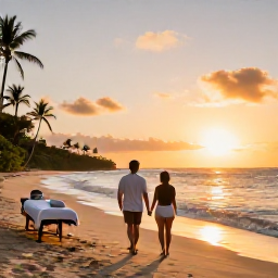 Caribbean Holidays, November Spa Breaks, Couple walking along a quiet Caribbean beach at sunset after a spa treatment