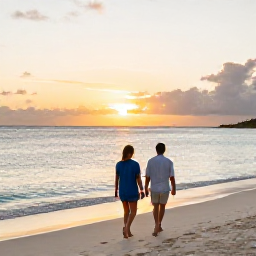 Caribbean Holidays, November Spa Breaks, Couple walking barefoot along Grace Bay Beach in Turks and Caicos at sunset, with calm sea and a relaxed November holiday atmosphere