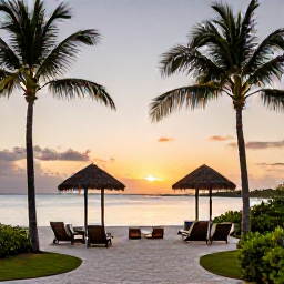 Caribbean Holidays, November Spa Breaks, Elegant beachfront resort in The Bahamas at sunset, palm trees, calm sea and a peaceful November holiday atmosphere