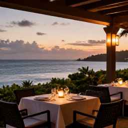 Caribbean Holidays, November Spa Breaks, Elegant Caribbean restaurant at sunset on Saint Kitts, with outdoor tables, warm lantern light and ocean views