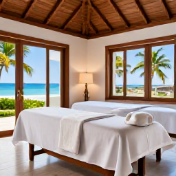 Caribbean Holidays, November Spa Breaks, Elegant Caribbean spa treatment room with natural wood, white linens and views of palm trees and the sea
