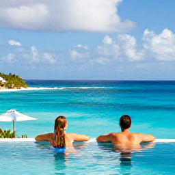 Caribbean Holidays, November Spa Breaks, Happy couple relaxing beside an infinity pool at a Caribbean spa resort in Sint Maarten